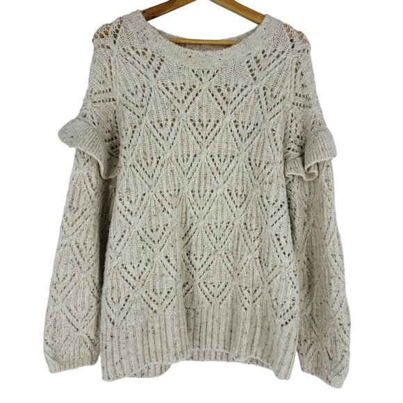 Old Navy Beige Ruffle Trim Pointelle Crew Neck Long Sleeve Cozy Knit Sweater L - Picture 4 of 10